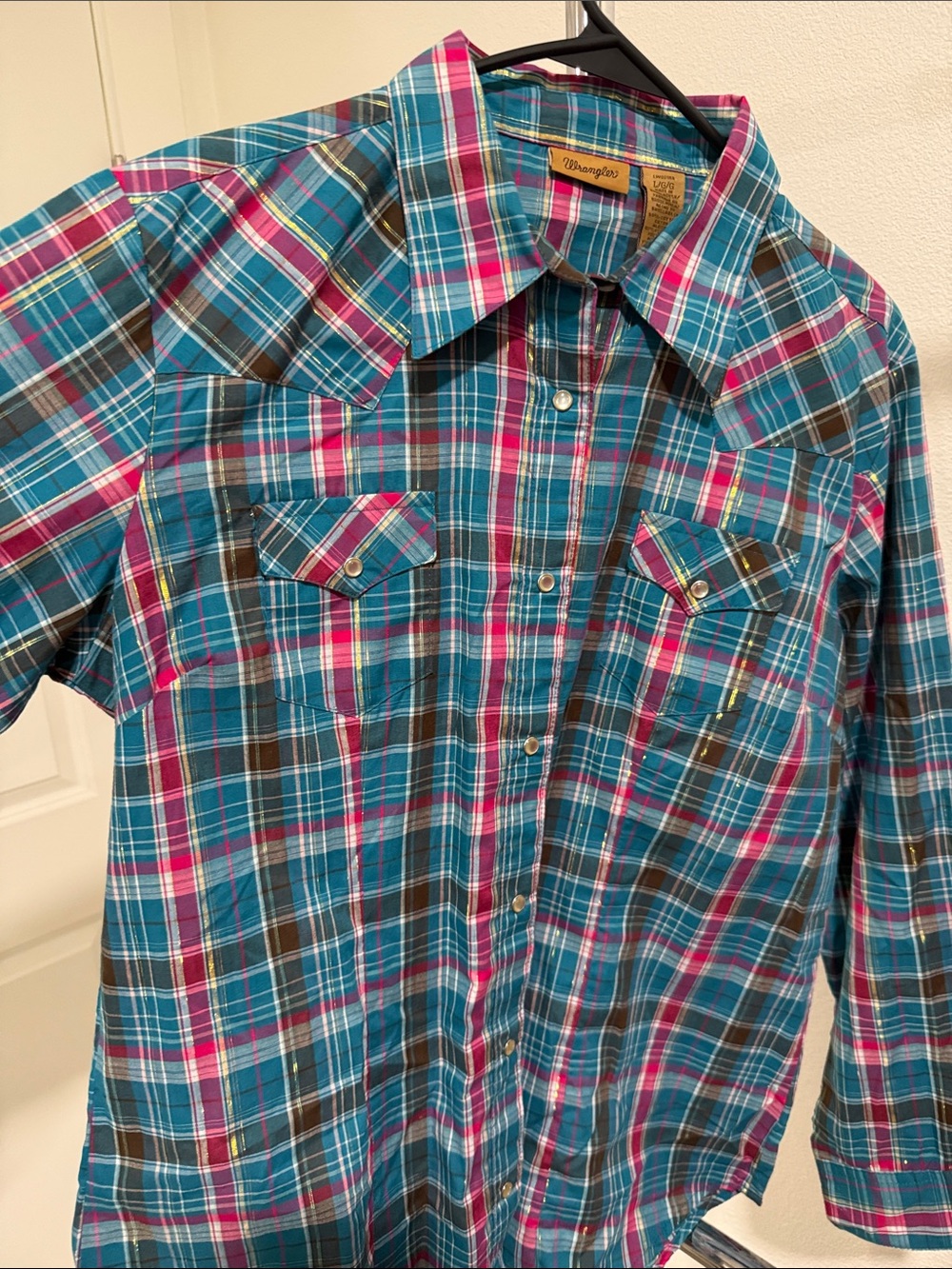 Wrangler Teal and Pink Plaid Button-Front Western Shirt